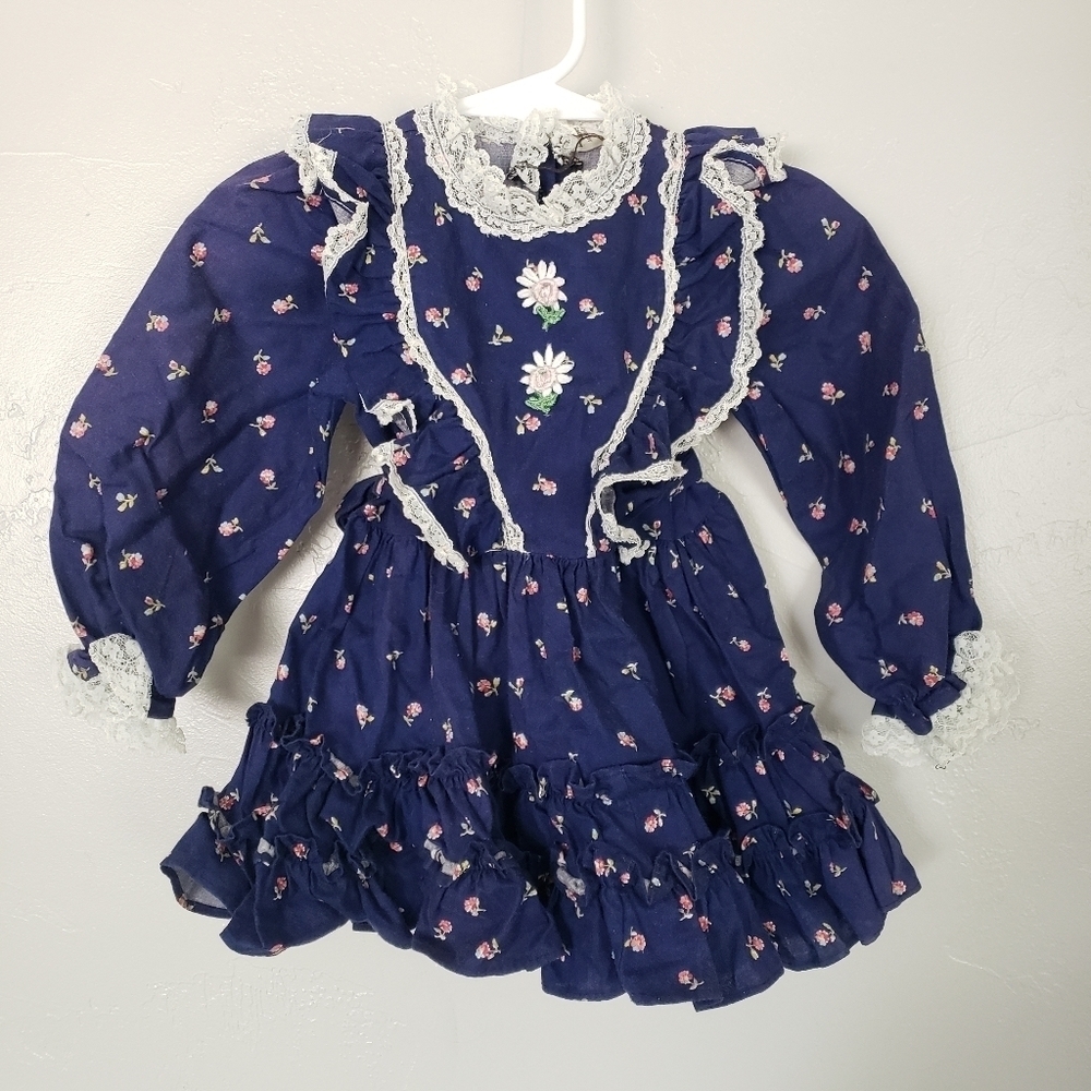 Vintage Toddler Girl 2 Navy Blue Long Sleeve Dress White Lace Dainty Floral
